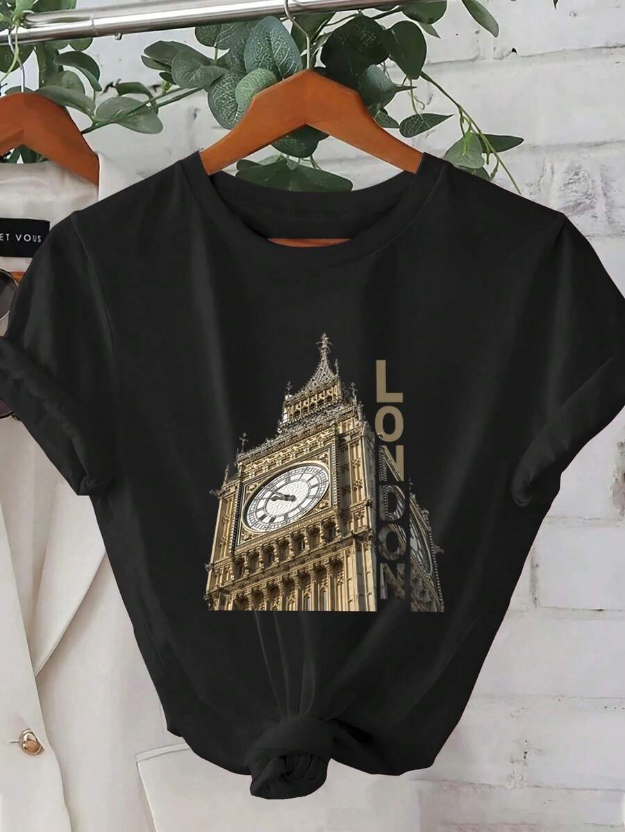 Women's Printed T-Shirt, Casual, Holiday Wear, Short Sleeve, Round Neck, Spring/Summer, Machine Washable, New Women's Clothing, Versatile For Going Out, Suitable For Sports. - 黑色 - 查看 1