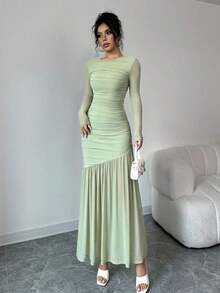 Vestido largo de manga larga con cuello redondo y malla para mujer, vestido casual de otoño.Adecuado para ropa de otoño, atuendo de regreso a clases, atuendo de maestro - verde menta - Ver 6