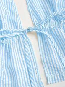 Conjunto de top halter con espalda descubierta y pantalones rectos de pierna ancha con textura y rayas, adecuado para primavera y verano, ideal para viajes y vacaciones - Azul - Ver 3