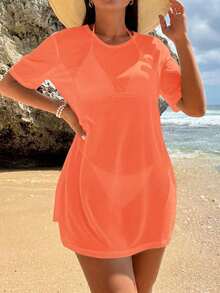 Vestido kaftan de mujer de unicolor con cuello redondo y manga corta, para usar en vacaciones - Naranja Quemada - Ver 6