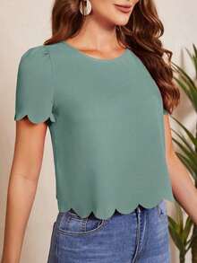 Blusa con mangas abullonadas, recorte ondulado y escote en la espalda, Blusas de manga corta - verde menta - Ver 3