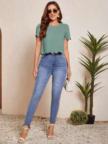 Blusa con mangas abullonadas, recorte ondulado y escote en la espalda, Blusas de manga corta - verde menta - Ver 5