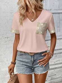 LUNE Camiseta de mujer casual de manga corta con cuello en V, parches y lentejuelas - Rosa - Ver 7