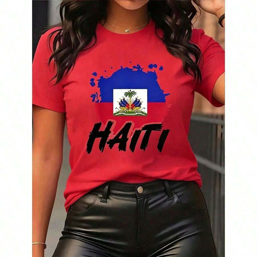 Women's T-Shirt With A Haitian Flag Print And The Word HAITI, Short Sleeves, Crew Neck, Machine Washable, For Casual Wear, Haitian Pride Events, 4th Of July, World Cup Matches, Soft And Lightweight Top, Easy To Pair With Any Outfit. Women's Graphic T-Shirt, 100% Cotton, Brokey Y2K Streetwear Style, Crew Neck, Loose Fit - 紅色 - 查看 1