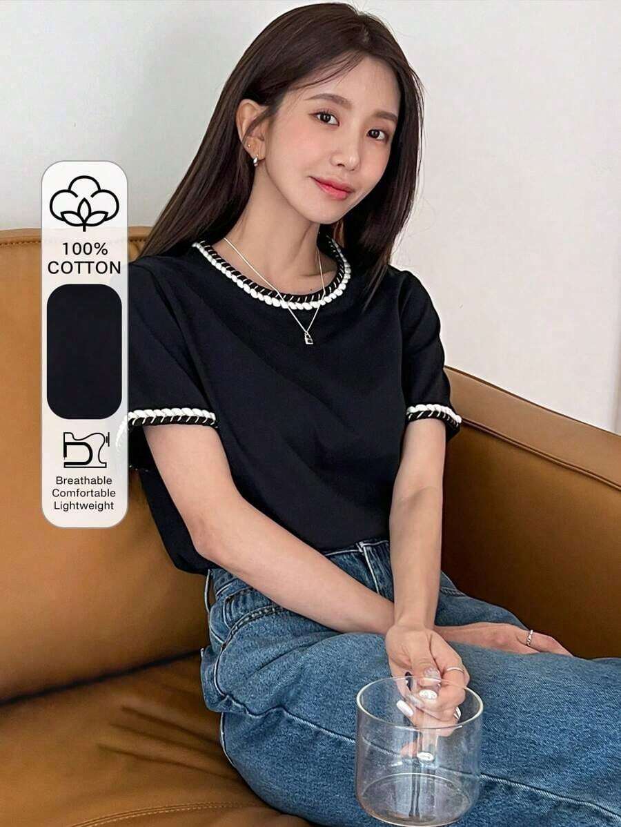 Camiseta De Manga Abullonada Con Ribete De Contraste - Negro - Ver 1