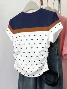 Set de 3 blusas de mujer con estampado de rayas, cuadros y gráficos, de manga corta y con efecto de cintura ceñida - Multicolor 10 - Ver 2