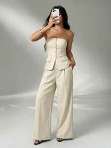 1 Conjunto de Top Camisola Ajustada de unicolor y Pantalones Elegantes para Otoño/Invierno - Albaricoque - Ver 7