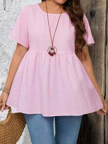 de manga corta con cuello redondo y estampado de rayas, apropiadas para el verano, tallas grandes - Rosa Pálido - Ver 7