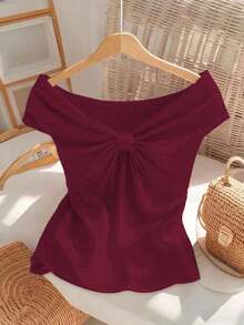 Camiseta de mujer de manga corta con cuello en V, ajuste ceñido, textura ondulada de jacquard, elegante y versátil para uso diario, color rosa, dulce y grácil, juvenil - Burdeos - Ver 5