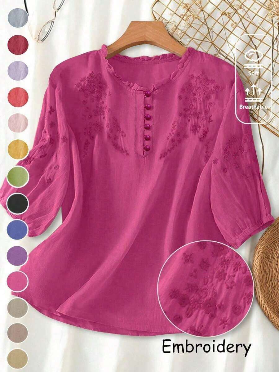 Blusa ligera y holgada de viscosa con bordado retro para mujer, para primavera y verano, casual, estilo campestre, tops de verano - Rosa Fucsia - Ver 1
