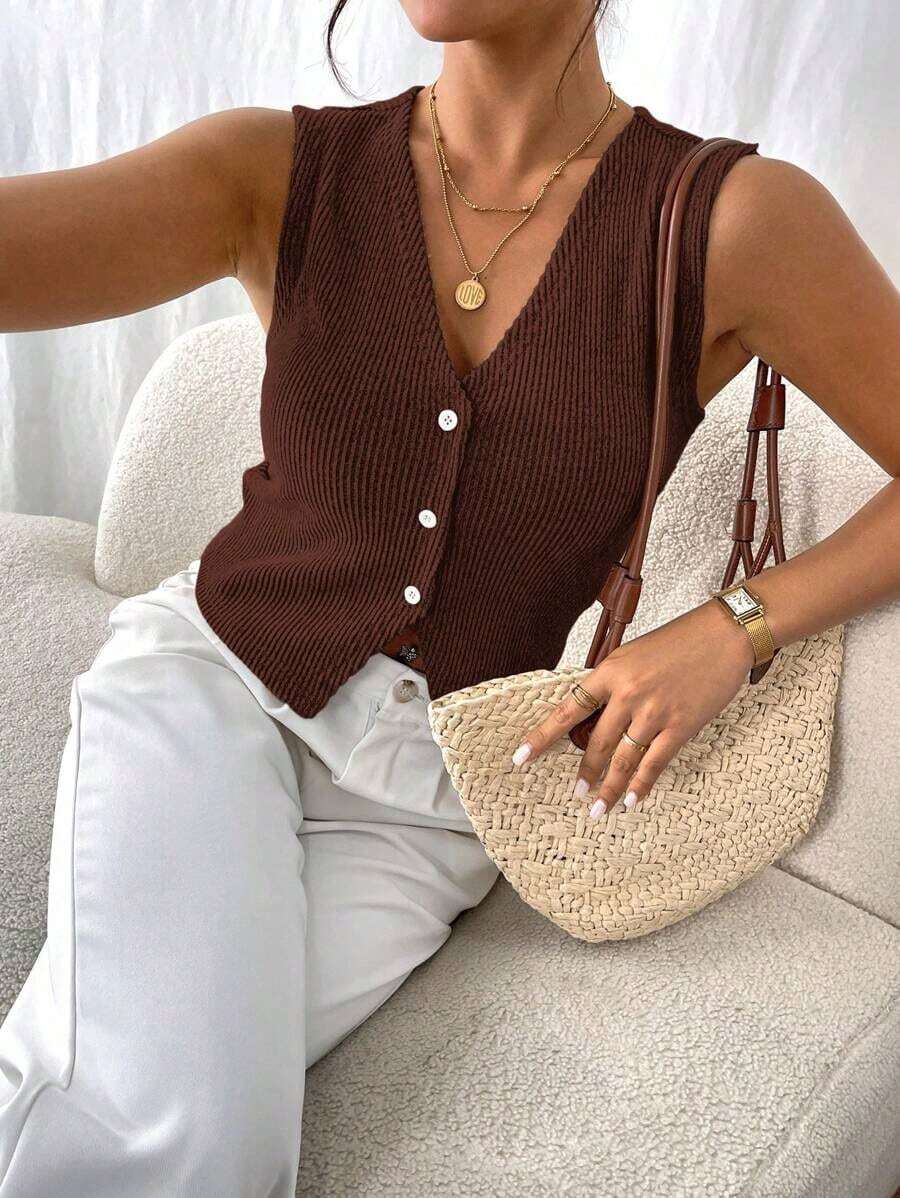 Frenchy Top de tirantes de mujer de un solo abotonado de unicolor y escote en V, versátil y casual - Café integral - Ver 1