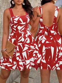 Vestido de talla grande con estampado, lazo en la cintura y decoración para mujeres de vacaciones - Rojo - Ver 8