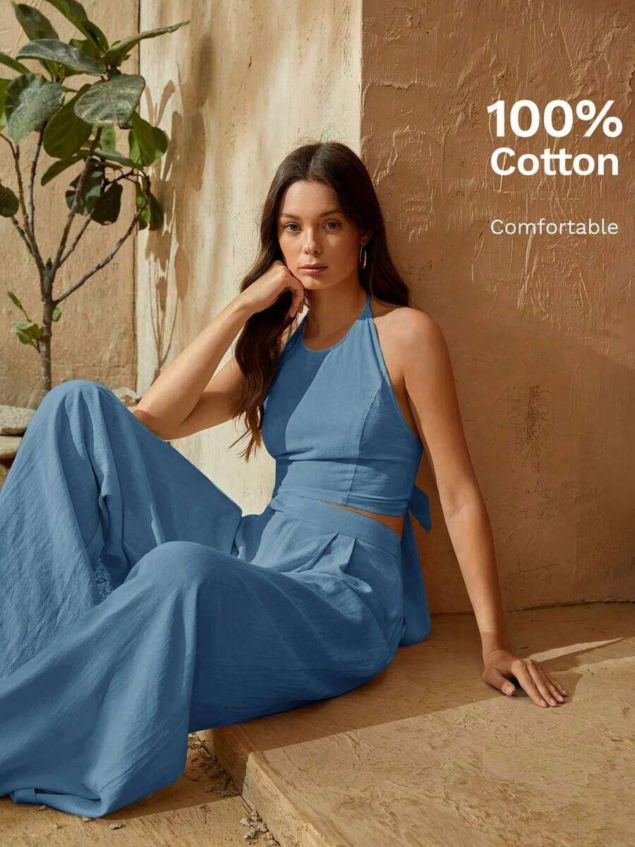 trasero de espalda abierta Top halter & Pantalones de pierna ancha - Agua verde azul - Ver 1