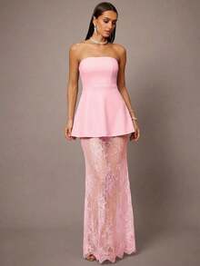 de 2 piezas que incluye top corto con corpiño y falda mini con dobladillo de encaje en estilo A-line, color negro, adecuado para citas, graduaciones, conciertos, vestidos de dama de honor, bodas, ocasiones románticas, estilo minimalista, conju - Rosa - Ver 4