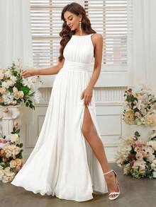 Belle Vestido de dama de honor con cuello de halter de unicolor, cintura imperio y abertura frontal alta.Elegante vestido color púrpura claro para boda. - Blanco - Ver 5