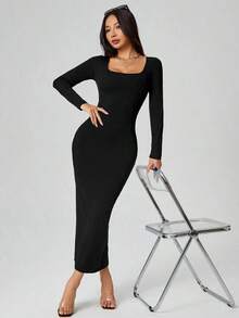 Vestido largo de manga larga con cuello cuadrado color negro sólido ajustado, vestido elegante de manga larga para mujer con cuello cuadrado, ajuste ceñido, manga recta, liso, para uso diario casual en primavera/otoño - Negro - Ver 4
