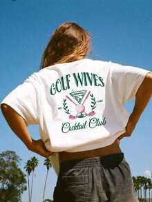 New Collection: Minimalist Golf Badge Motif Short Sleeve White T-Shirt For WomenRound Neck, Versatile, Suitable For Everyday Wear. - White - View 1