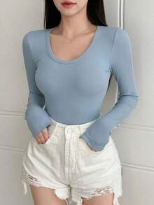 Camiseta de manga larga y cuello redondo de ajuste ceñido para mujer, versátil y casual, ropa de otoño - Azul - Ver 4