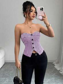Top corto sin mangas con botones delanteros y estampado de pata de gallo, para uso en oficina o viajes, de moda para el verano - Morado Violeta - Ver 1
