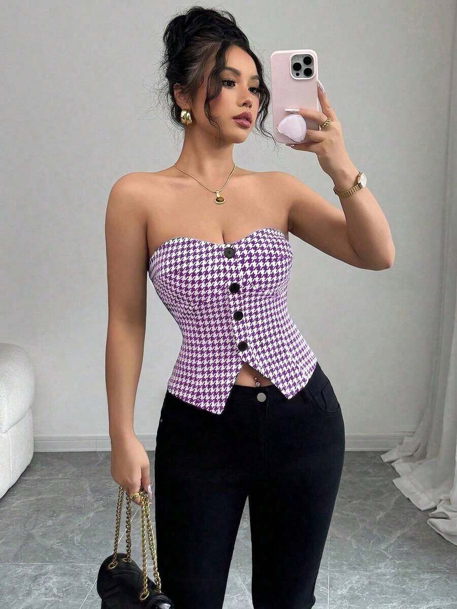 Top corto sin mangas con botones delanteros y estampado de pata de gallo, para uso en oficina o viajes, de moda para el verano - Morado Violeta - Ver 1