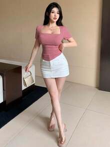 Camiseta de mujer de verano de cuello cuadrado, manga corta, unicolor, ajuste ceñido, tops lindos - Rosa - Ver 2
