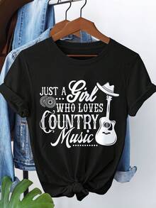 Women's Country Music Graphic T-Shirt - "Just A Who Loves Country Music", Short Sleeve Crew Neck T-Shirt With Floral And Guitar Design, Olive Green, Casual For Spring And Summer, Country Music T-Shirts, Weekend Style, Rustic Design, Comfortable Fabric - 黑色 - 查看 8