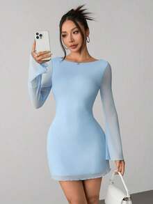Vestido de malla con mangas de trompeta y espalda descubierta, nuevo y sexy para principios de otoño - Celeste - Ver 2