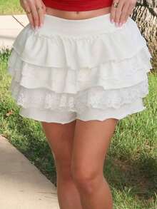 Falda-pantalón de punto con puntilla blanca, volantes y bajo con dobladillo - Blanco - Ver 3