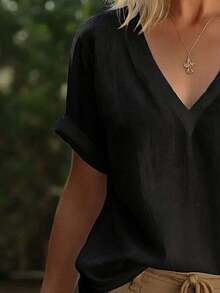 Blusa casual holgada de mujer de unicolor con cuello en V y manga corta - Negro - Ver 3