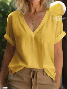 Blusa casual holgada de mujer de unicolor con cuello en V y manga corta - Amarillo - Ver 1