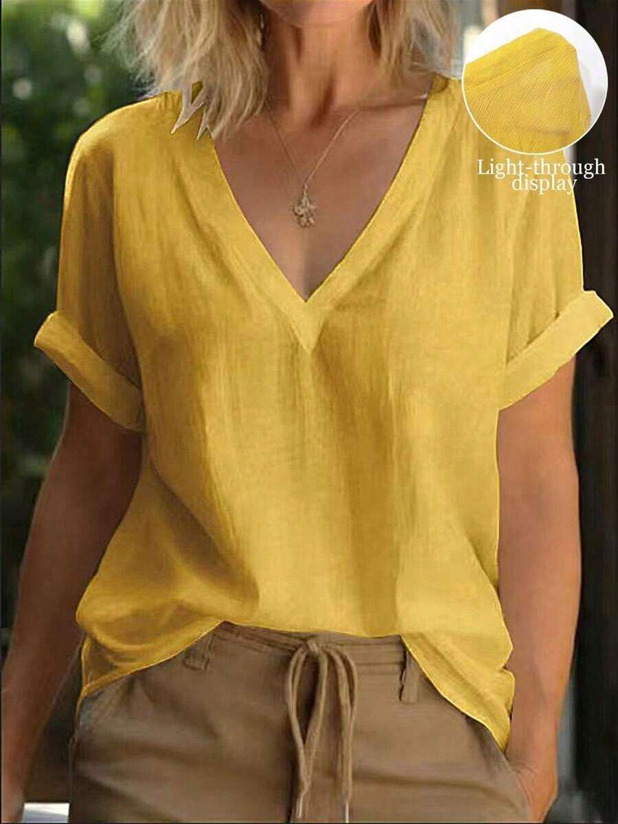 Blusa casual holgada de mujer de unicolor con cuello en V y manga corta - Amarillo - Ver 1
