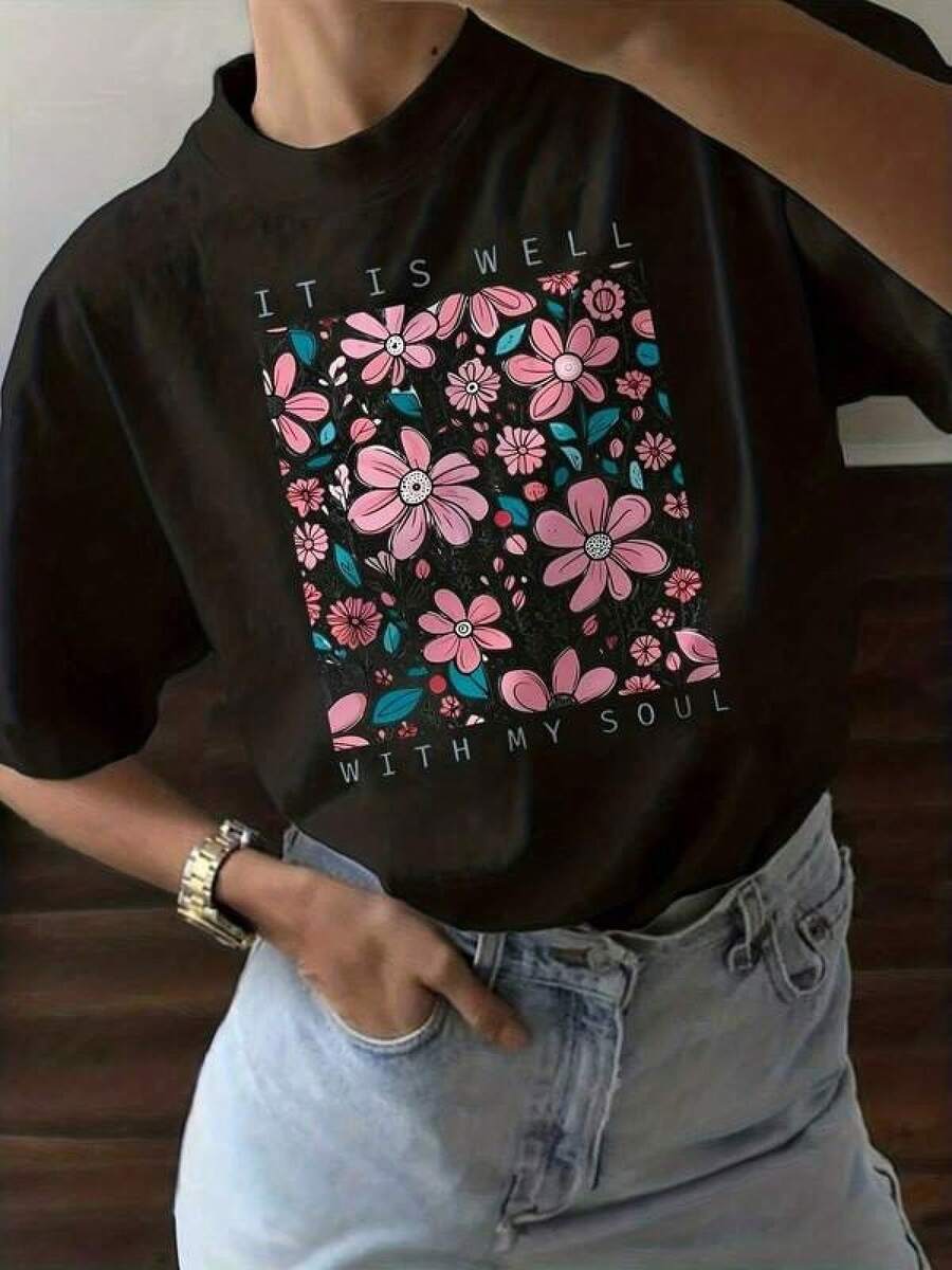 New 2026 Women's T-Shirts: A Unique T-Shirt With A Vibrant Floral Design And The Phrase "It Is Well With My Soul," Perfect For A Y2K Style Ideal For Any Occasion. Choose Comfort And Style With This Essential Garment That Stands Out In Any Wardrobe. - 黑色 - 查看 1