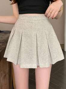 Falda pantalón plisada de unicolor para mujer con estilo informal universitario - Blanco - Ver 1