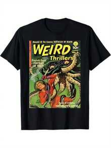 Retro Comic Book Horror Monsters T-Shirt For Men And Women - Vintage Halloween Fun, Casual Short Sleeve Graphic Print Design, 100% Cotton, Machine Washable, Casual Wear | Vintage Comic Print | Cotton Fabric - 黑色 - 查看 7