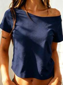 Camiseta casual de uso diario con hombro asimétrico de unicolor para mujer - Azul - Ver 3