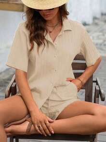 Conjunto De 2 Piezas Suelto Casual De Color Sólido Para Mujeres - Albaricoque - Ver 3