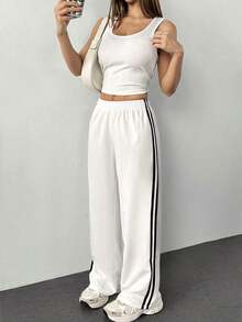 Pantalones casuales con rayas laterales negras, de estilo simple y de moda para uso diario, graduación, maestros y vuelta al colegio para mujeres - Blanco - Ver 3