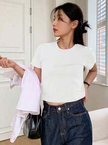 Camiseta de manga corta de unicolor para dama, ideal para verano - Blanco - Ver 5