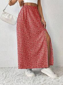 Falda De Verano Para Mujeres Con Estampado Floral Pequeño Y Abertura De Muslo - Rojo - Ver 5
