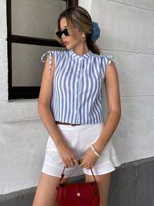 Camisa casual con lazo drapeado - Camisa casual moderna - Camisa casual de vacaciones - Azul y blanco - Ver 7