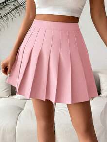 Falda pantalón casual de talle alto con pliegues y rayas para mujer - Rosa - Ver 4