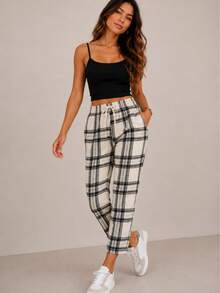 Pantalón Corto pierna recta Cuadros Dama Mujer Casual de Uso Diario Con Bolsas y Cintura Ajustable - Hueso - Ver 1