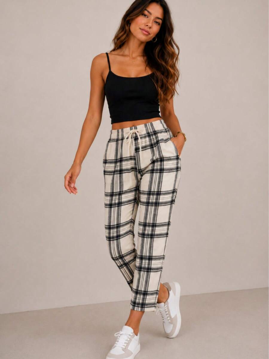 Pantalón Corto pierna recta Cuadros Dama Mujer Casual de Uso Diario Con Bolsas y Cintura Ajustable - Hueso - Ver 1
