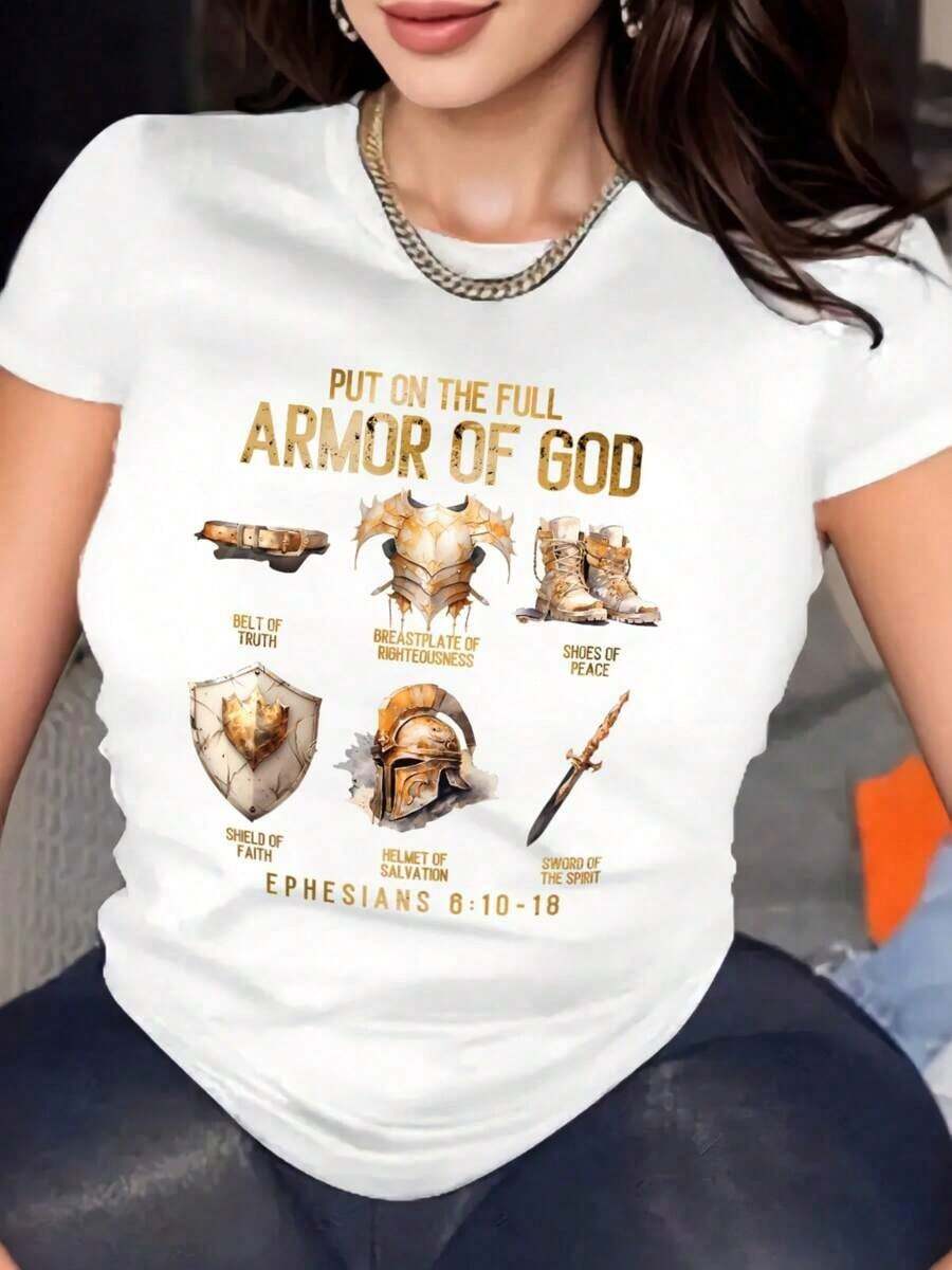 Christian T-Shirt For Women, 100% Cotton, With The Phrase "Armor Of God", 220g Heavyweight Cotton Christmas T-Shirt For Women (1 Piece) - 白色 - 查看 1