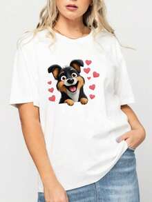 Camiseta de estilo casual para hombre con estampado de perro sonriente y corazones rojos ideal para uso diario en primavera y verano perfecta como regalo para amantes de las mascotas - Blanco - Ver 2