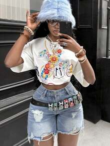 Women's Graphic Tee, Vintage Y2K Style, Casual Hip-Hop Style, Going Out, Oversized, Lip Print, For Everyday Urban Autumn Wear. - 白色 - 查看 5