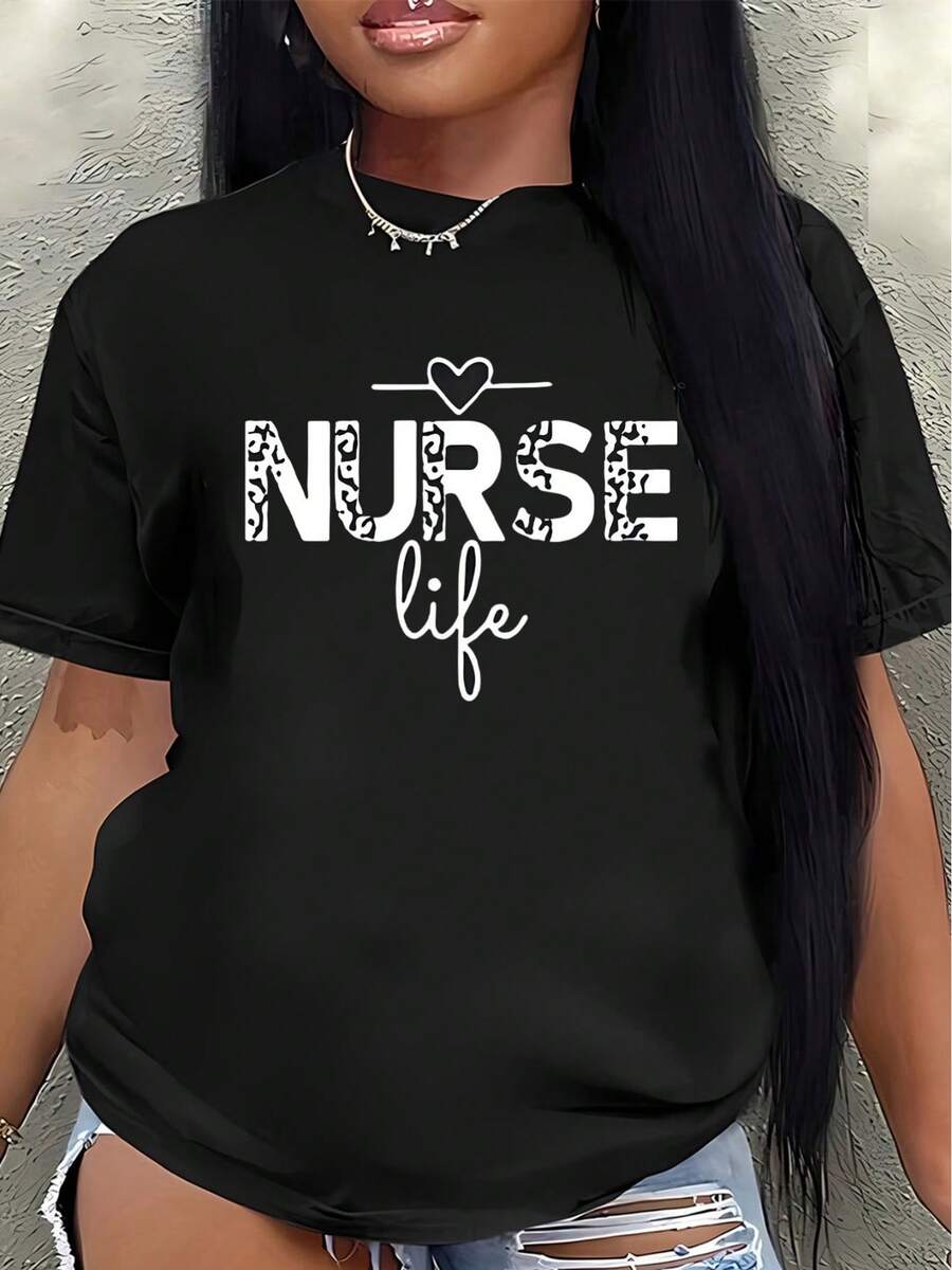 Women's Nurse T-Shirt, Comfortable And Lightweight, Short-Sleeved, With A Heart-Shaped Design, Suitable For Hospitals, Clinics, Or Everyday Wear, Made Of Durable And Breathable Material. - 黑色 - 查看 1