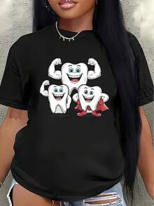 Camiseta de manga corta, ligera y duradera, con un divertido diseño de diente de caricatura, perfecta para el hogar, el trabajo o salidas informales a restaurantes. Tejido estampado, cómodo y elegante para el uso diario.women's shirts - Negro - Ver 7