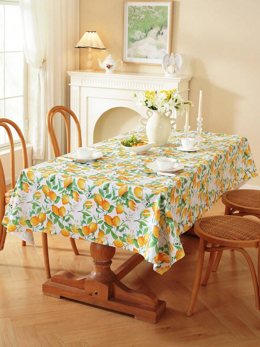 Lemon And Green Leaf Print PVC Composite Non-Woven Fabric Tablecloth, Waterproof, Oil-Proof, Splash-Proof, Easy To Clean And Reusable Rectangular Tablecloth, Suitable For Kitchen, Dining Room, Party, Home Decor