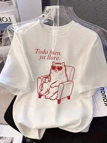 Plus Size T-Shirt With Cat Print "I've Cried Enough" Women's Casual Short Sleeve Summer White Blouse UXQV - 白色 - 查看 5